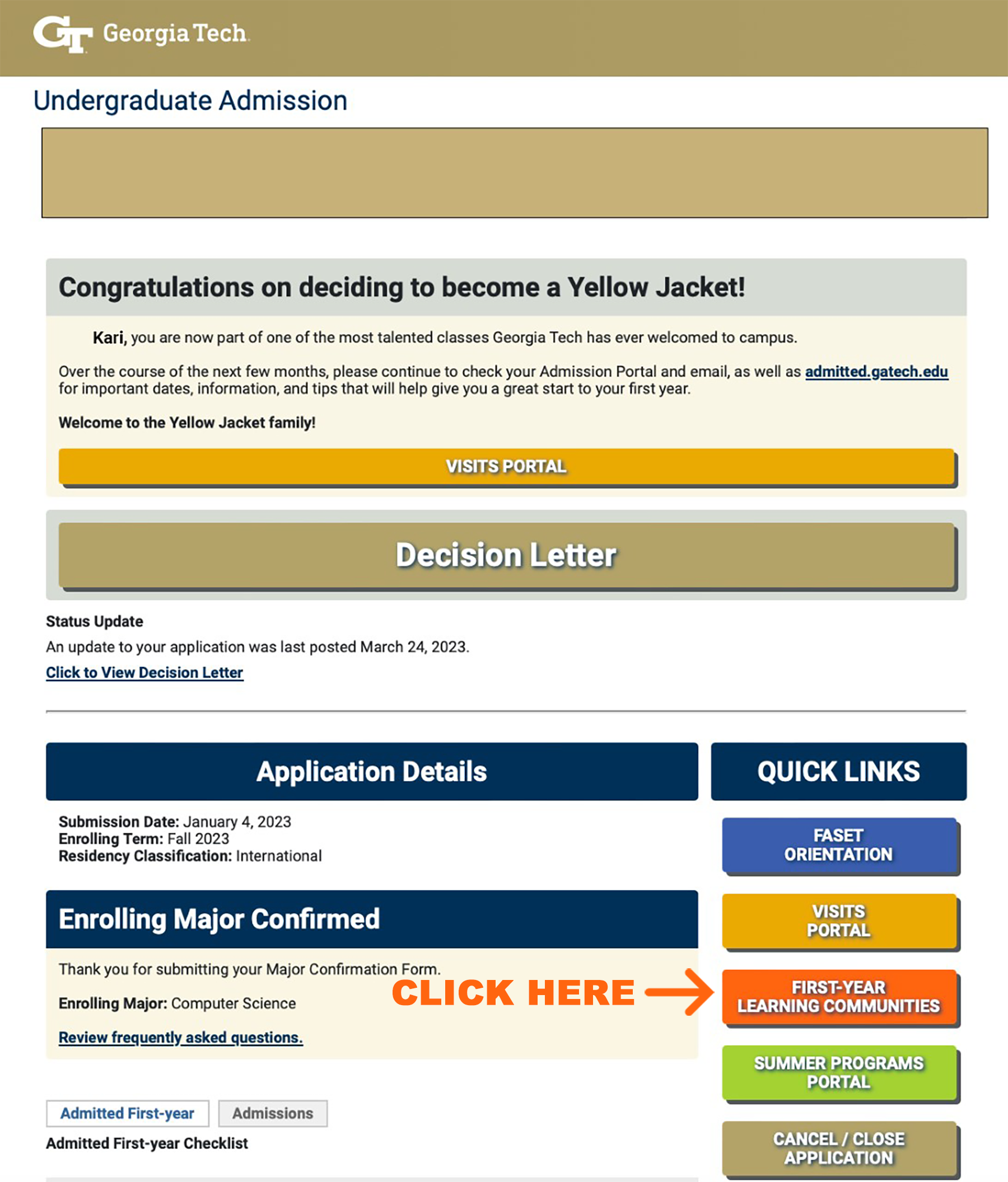 View of the admissions portal